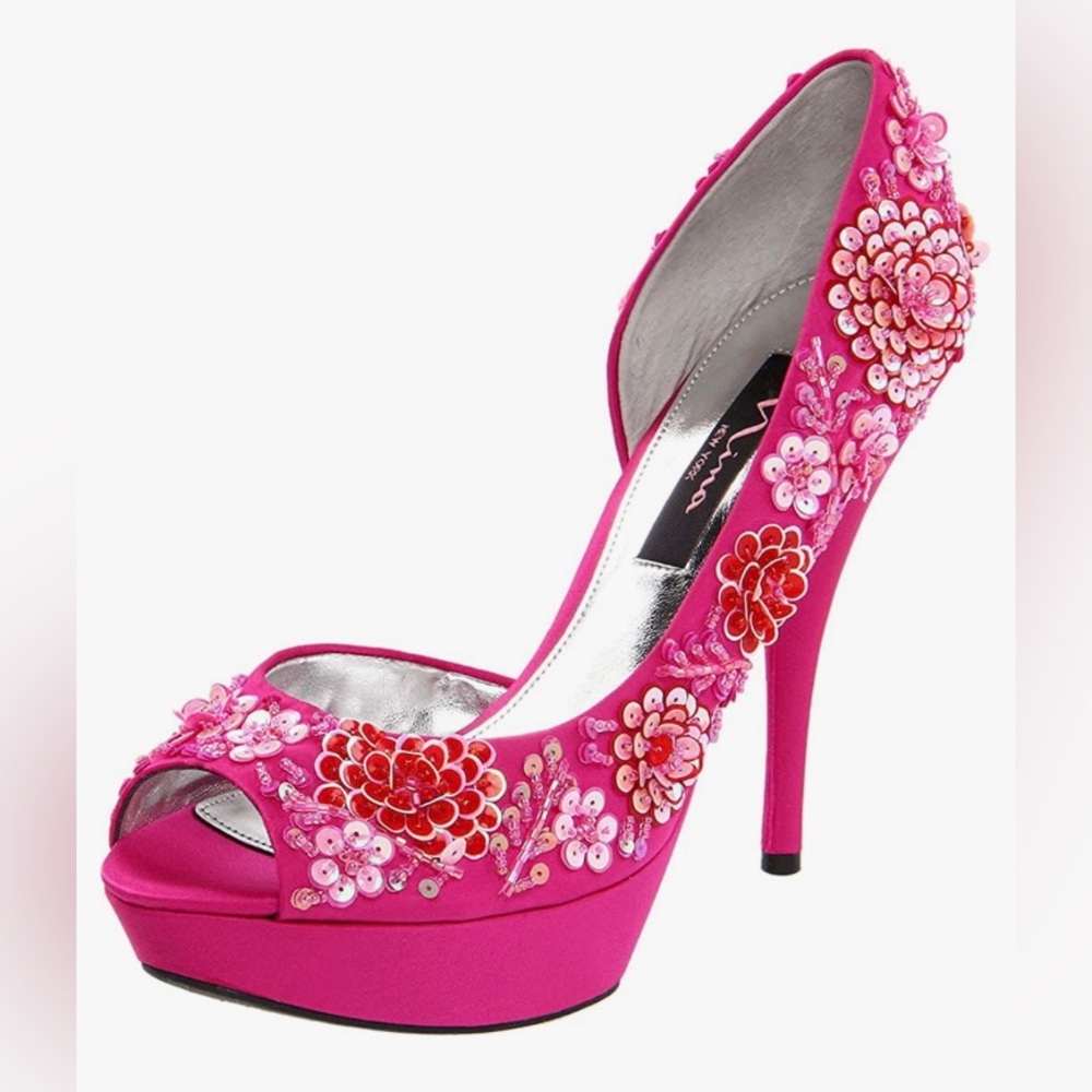 NINA NEW YORK Fuchsia Pink “Sadi” 3D Sequin Floral Flower Peep Toe Pump Heels,10